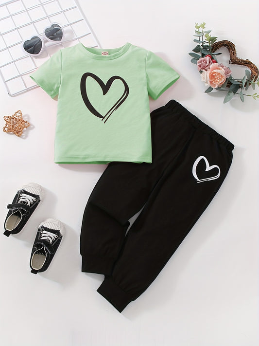 Girls' Fashion Set: Heart Print Round Neck Short Sleeve T-Shirt & Sweatpants 2pcs Casual Cotton Outfit, Perfect for Outdoor