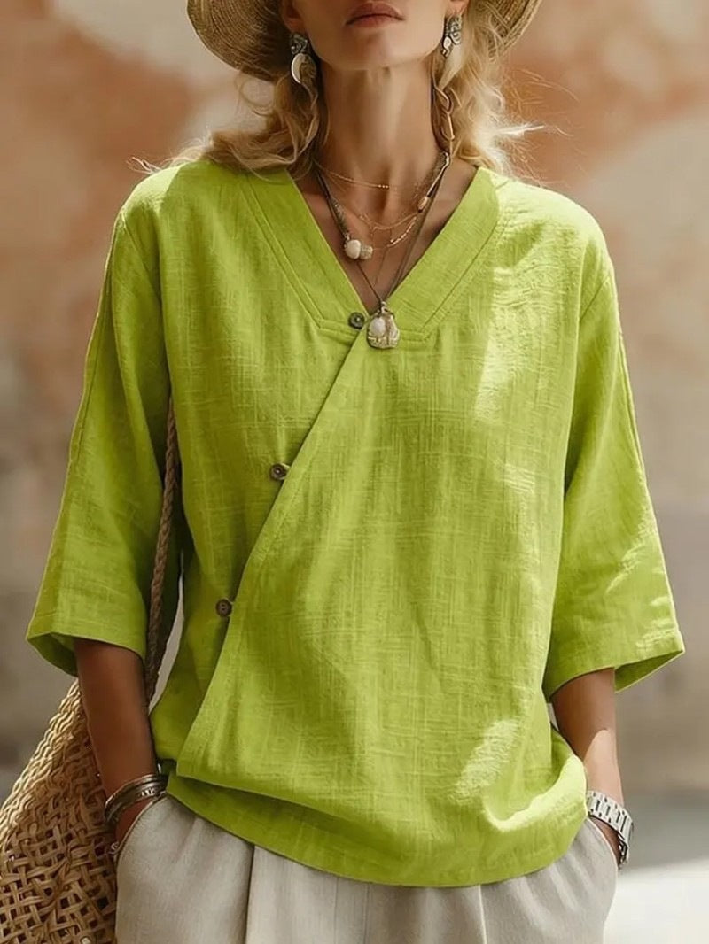 Women's Solid-Colored Cotton-Linen Button-Up Top