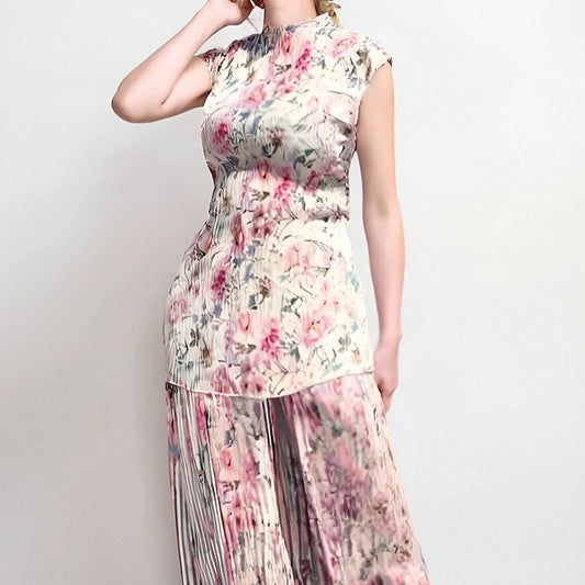 Long Sleeve Printed Chiffon Dress High Waist