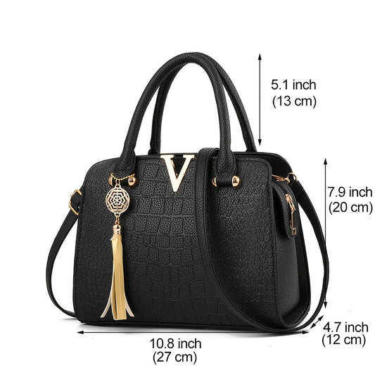 Crocodile Pattern Satchel Bag, Tassel Decor Double Handle Purse, Women's Shoulder Bag For Work