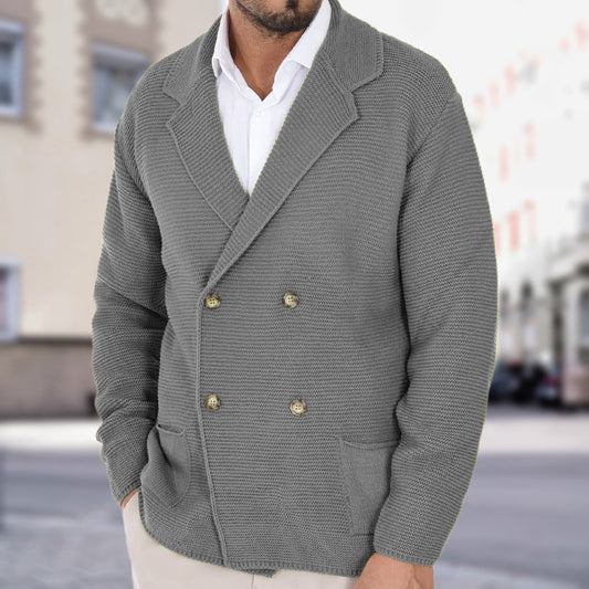 Cardigan Lapel Sweater Coat For Men Fall Winter Slim Double Breasted Sweaters Business Casual Style Lightweight Tops