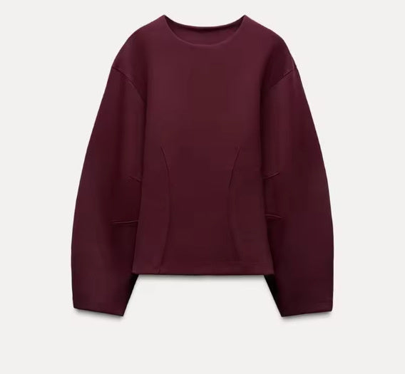 Fashion Long Sleeve O-neck Pleated Top Wide Leg Pants Women's Suit