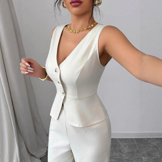 Solid Color Sleeveless Slim Fit Vest High Waist Trousers Two-piece Set
