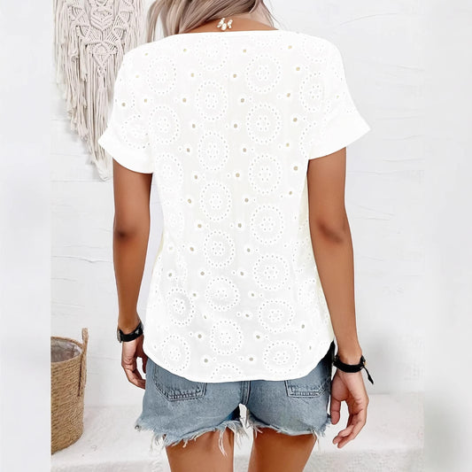V-neck Hollow French Elegant Style Short Sleeve T-shirt