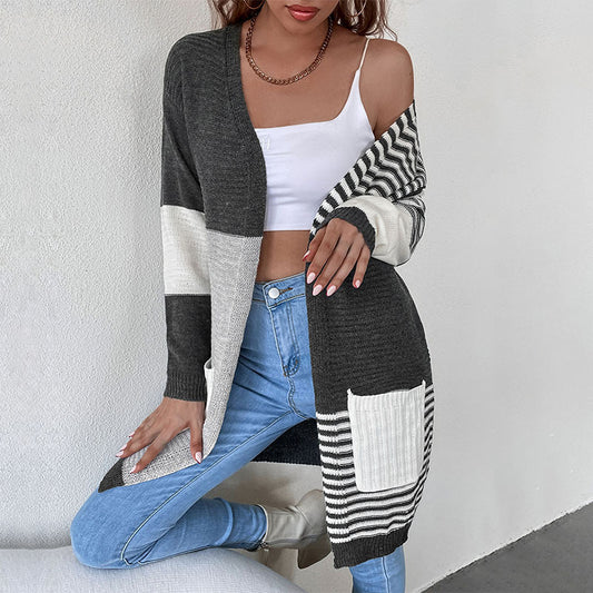Women's Patchwork Stripes Cardigan Sweater Coat