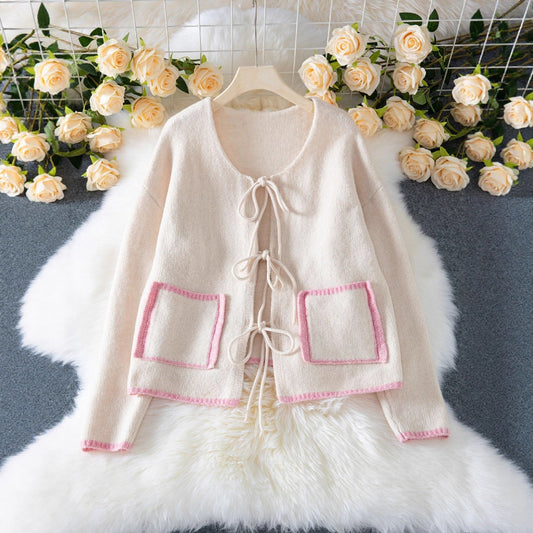 Women's Contrast Color Elegant Fashion Casual Loose Front Lace-up Pocket Knitted Cardigan