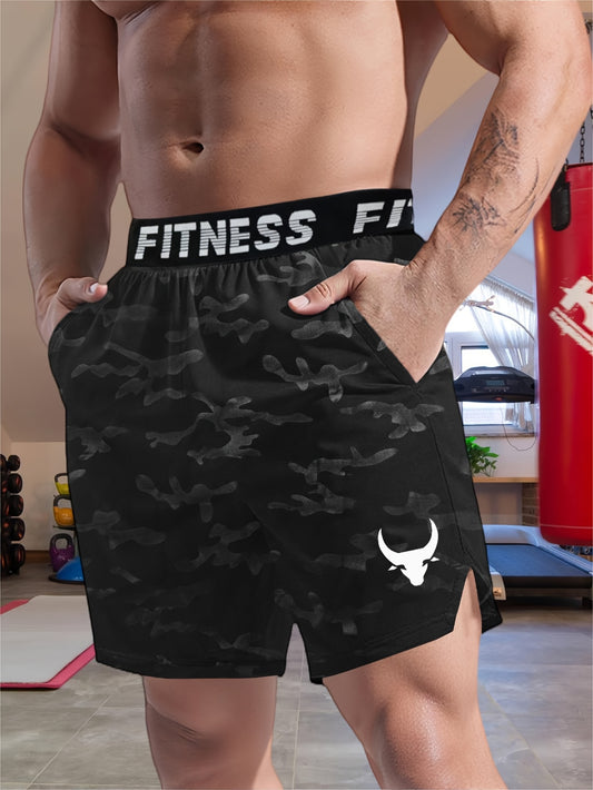 Men's "S's FINE" Athletic Shorts - Gray, Quick-Dry Polyester with Geometric Pattern, Elastic Waistband, Ideal for Running & Workouts, Machine Washable