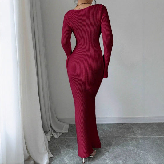 V-neck Waist Trimming Knitted Dress Women's Slimming Sheath