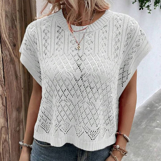 Knitted Hollow-out Crew-neck Pullover Bikini Swimsuit Dress Sun-protective Top