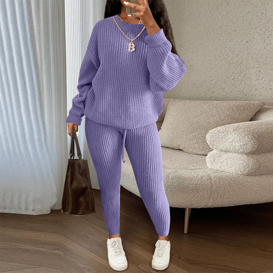 Women's Winter Ribbed Knit Co-ord Set - Loose Pullover Sweater & Drawstring Pants