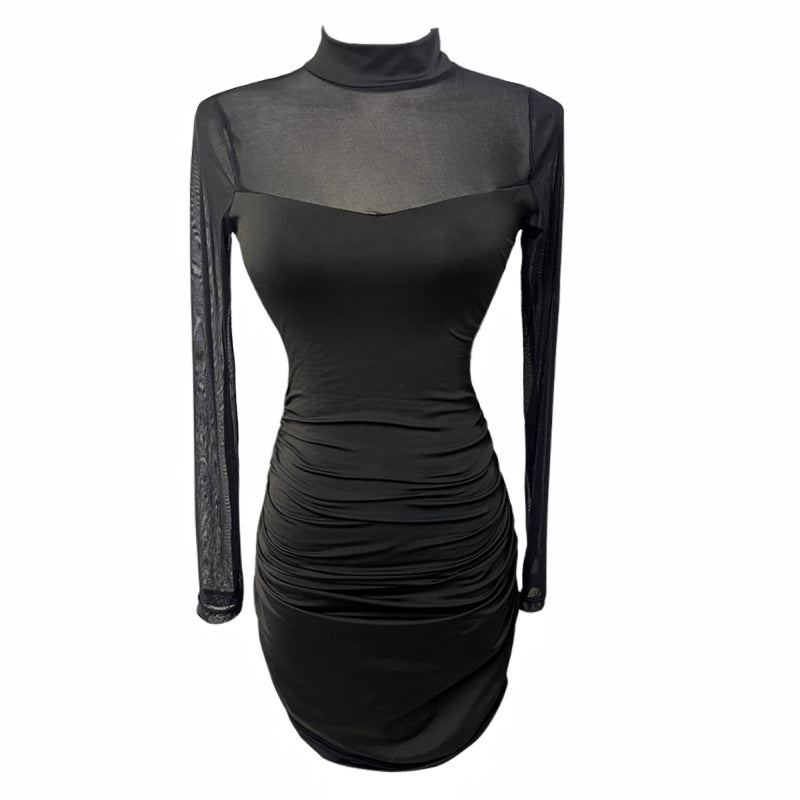 Mesh-panelled Long-sleeve Short Skirt Bodycon Sheath Dress For Women