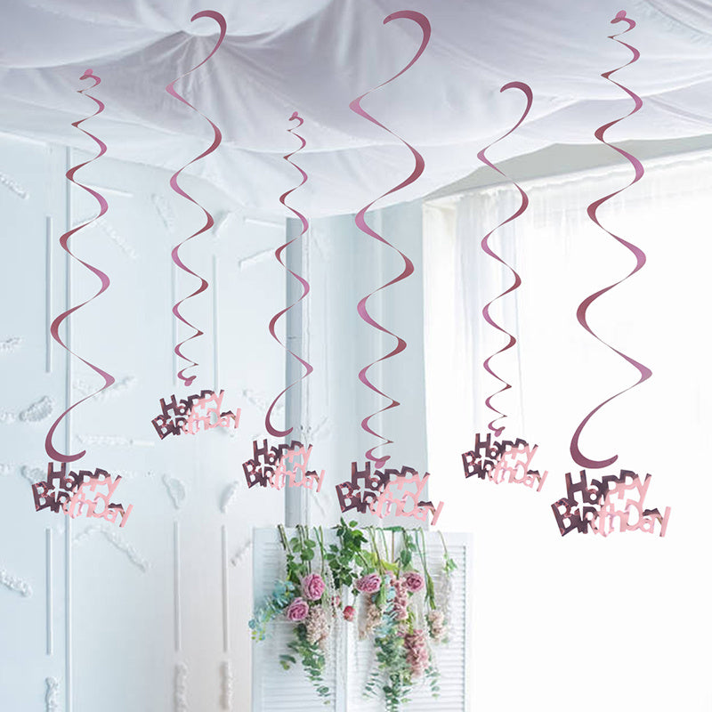 6pcs-Golden, Silvery, Rose Red, Dark Blue, Lake Blue, Rose Golden Birthday Party Spiral Decoration Pendants, Birthday Letter Spiral Decoration