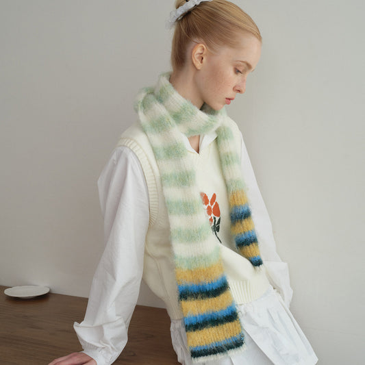 Contrast-color Striped Knit Women's Narrow Soft And Fluffy Wool Scarf