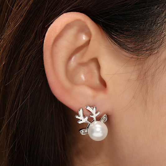 Stud Earrings Christmas Pearl Antlers Earrings