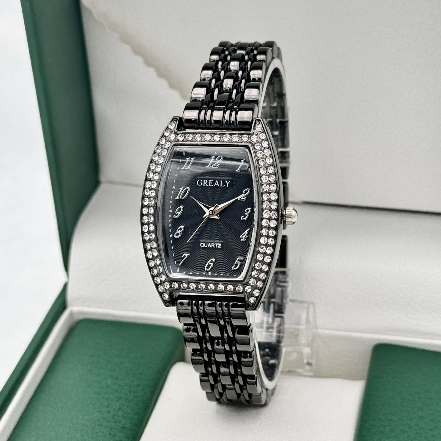 Diamond-encrusted Watch Barrel-shaped Dial Metal Bracelet Quartz Ladies' Watch