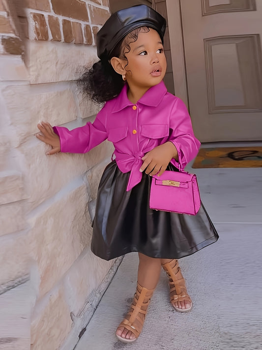 Vibrant Color Block PU Leather Dress for Girls - Stylish Button Lapel Design, Adjustable Belt, and Comfortable Fit for Kids' Everyday Wear