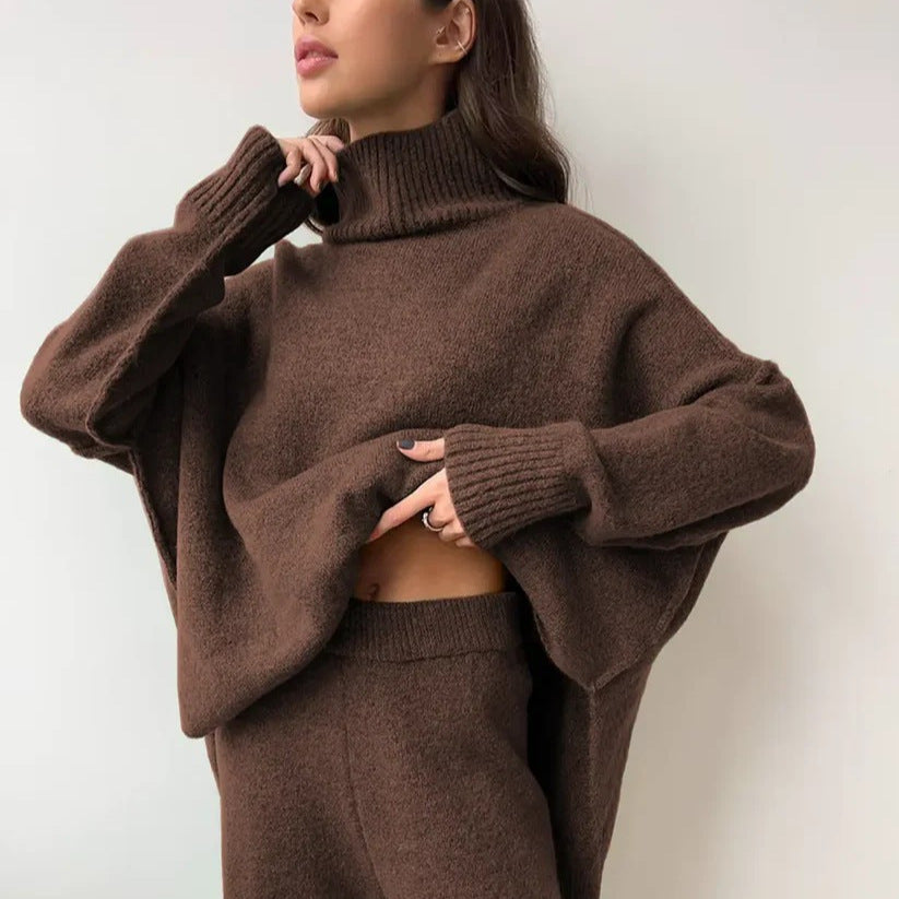 Casual Laid-back Style Solid Color Loose High Collar Knitted Sweater Suit