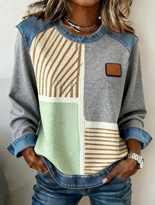 Spliced round Neck Casual Long-sleeved Top