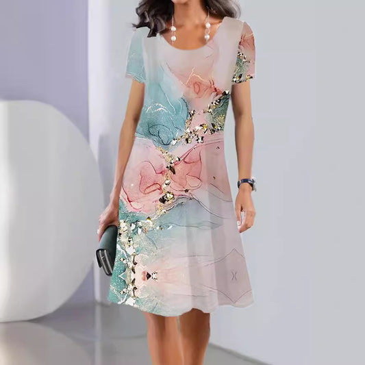 Spring And Summer Print Short Sleeve Round Neck Mid-length Dress