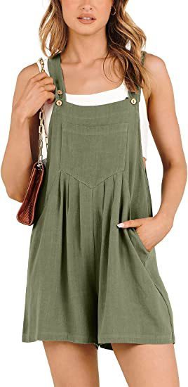 Women's Cotton Linen Short Overalls - Adjustable Strap Summer Jumpsuit Romper
