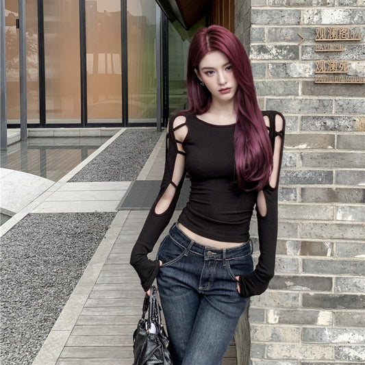 Long-sleeved Off-shoulder Cropped Hollow-out Women's Black T-shirt