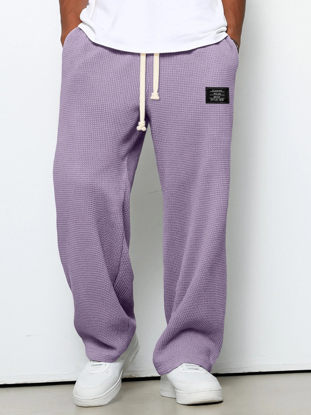 Waffle Straight Pants Fashion Brand Loose Loose Drawstring Pockets Trousers Casual Men's Clothing