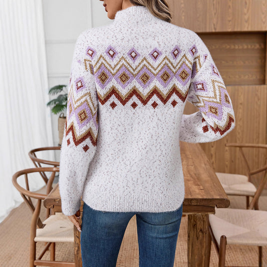 Half Turtleneck Jacquard Long Sleeve Casual Loose Sweater
