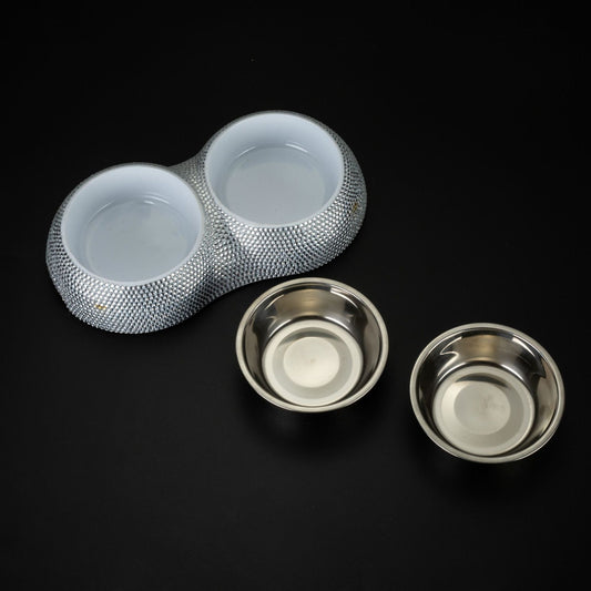 Diamond-studded Stainless Steel Double Dog Bowl