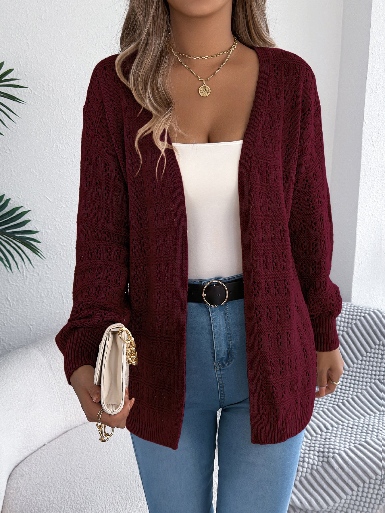 Women Solid Color Hollow Out Lantern Sleeve Long Sleeve Cardigan Sweater Coat