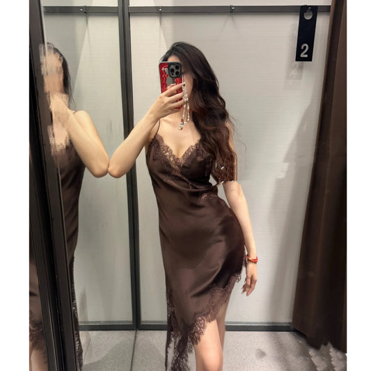 Silk Texture Sexy Lace Asymmetric Sling Dress