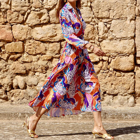 Autumn New Women's Lapel Long Sleeve Mid-length Dress