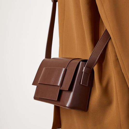 Neutral Soft Leather Woven Small Square Bag