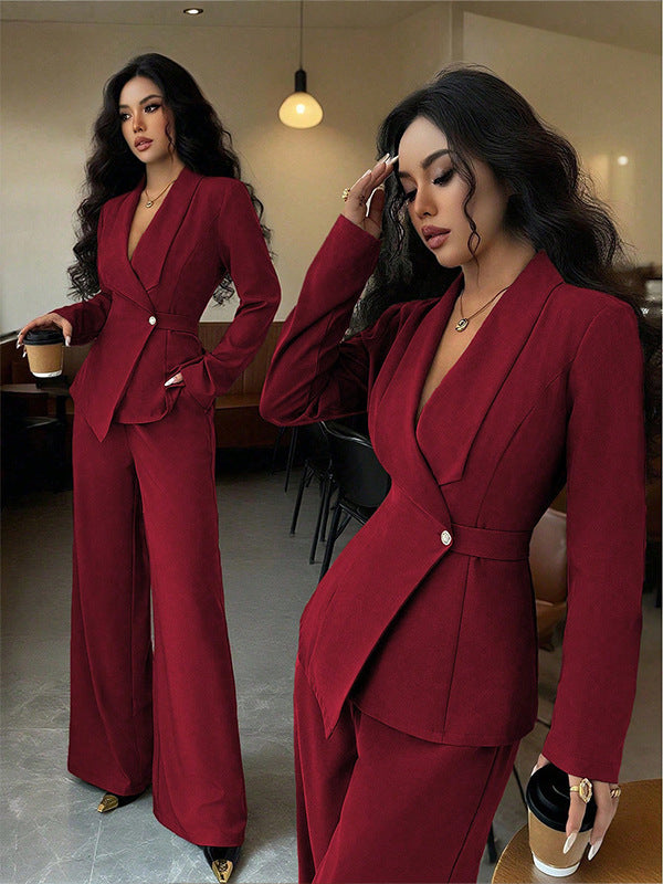 Women's Long-sleeved Suit Jacket Straight-leg Pants Top And Bottom