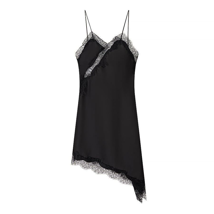 Silk Texture Sexy Lace Asymmetric Sling Dress