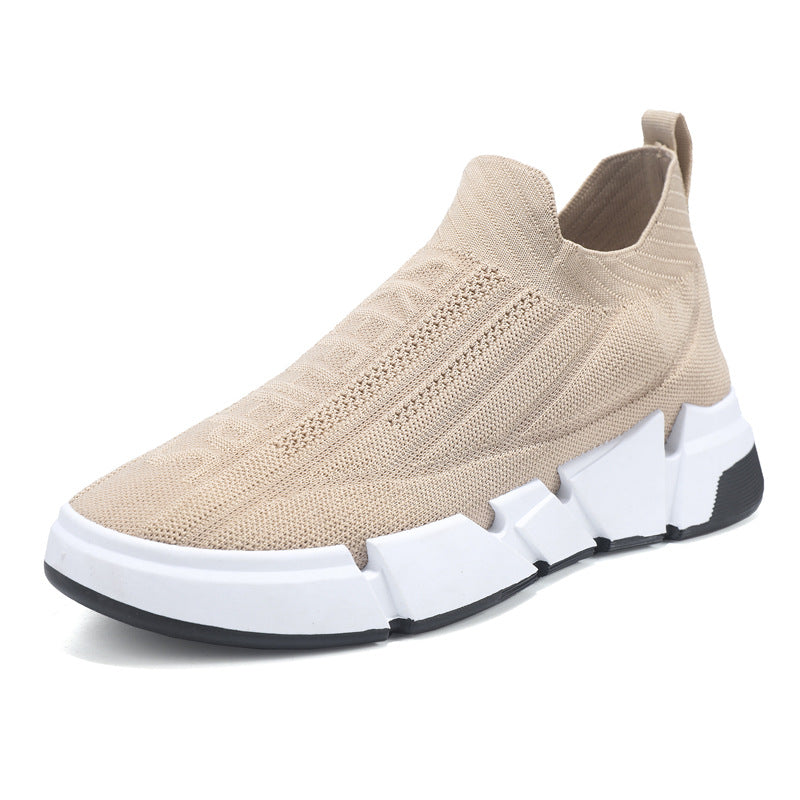 Spring Men's Casual Sports Shoes With Flyknit Mesh Upper And Sock Cuffs - Slip-on