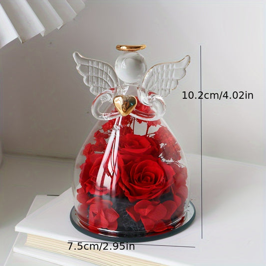 Eternal Red Roses in Glass Dome, 10.21cm x 7.49cm, Angel Statue with Red Roses, Romantic Valentine's Day, Christmas, Thanksgiving, Mother's Day, Graduation Gift, Love, Forever Flower Display, Home Decor