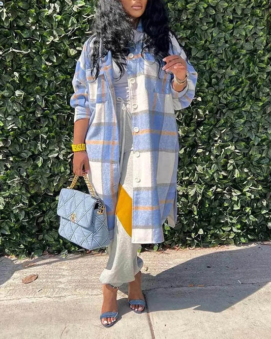 Women's Mid-length Casual Fashion Plaid Single-breasted Coat