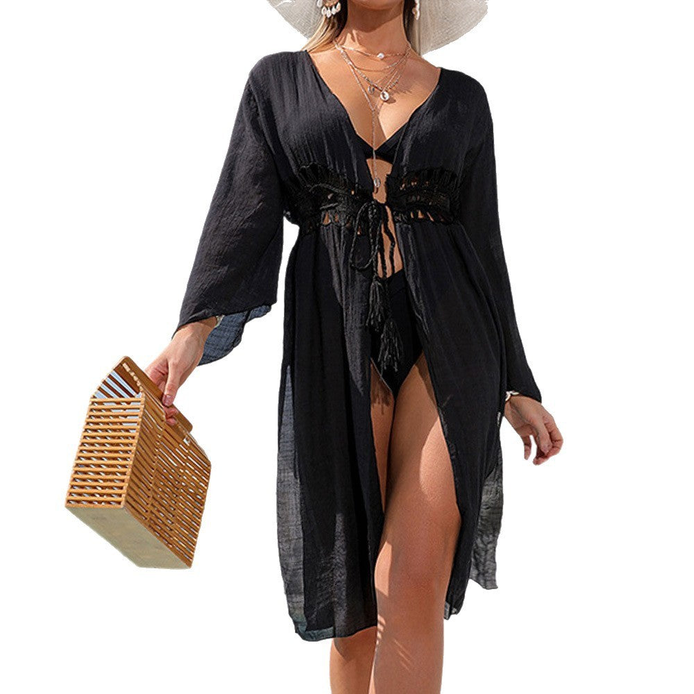 Hand Crocheting Hollow Out Bell Sleeve Beach Robe