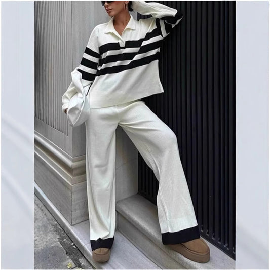 Fashion Women's Casual Polo Collar Striped Knitted Contrast Color Two-piece Set