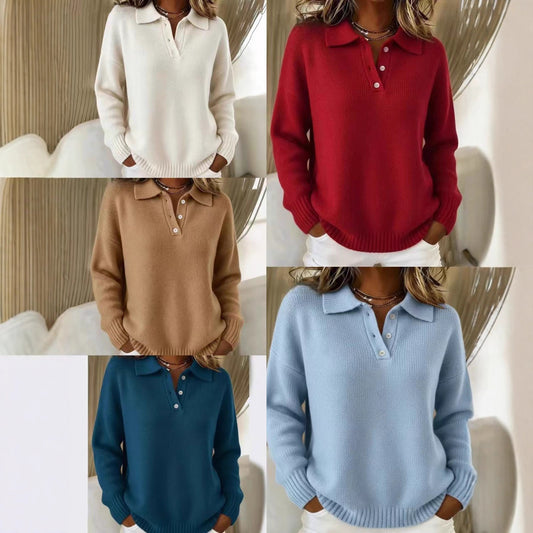 Loose And Soft Women's Lapel Long Sleeve Button Sweater