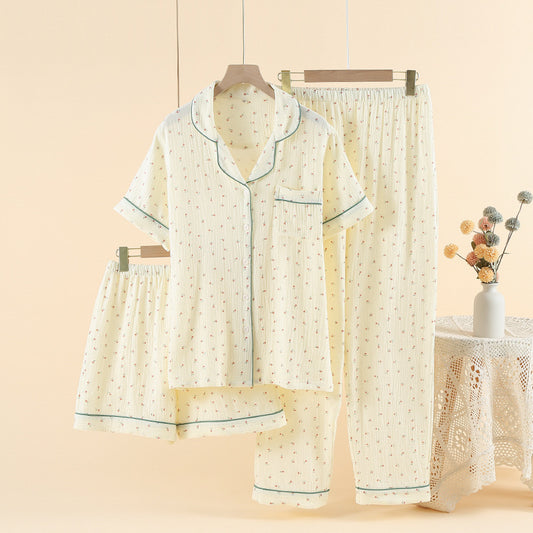 Pajamas Cotton Three-piece Set Spring And Summer Thin Crepe Autumn Gauze Lapel Short Sleeve