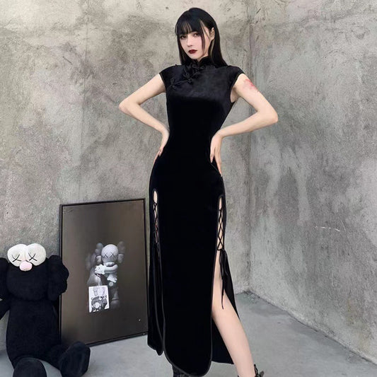 Vintage Chinese-style Velvet Cheongsam-modified Dress
