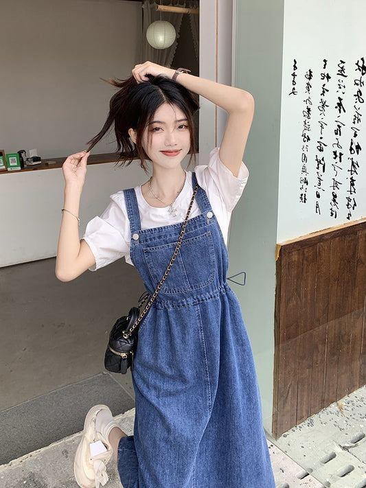 Mid-length Denim Overall Dress For Summer