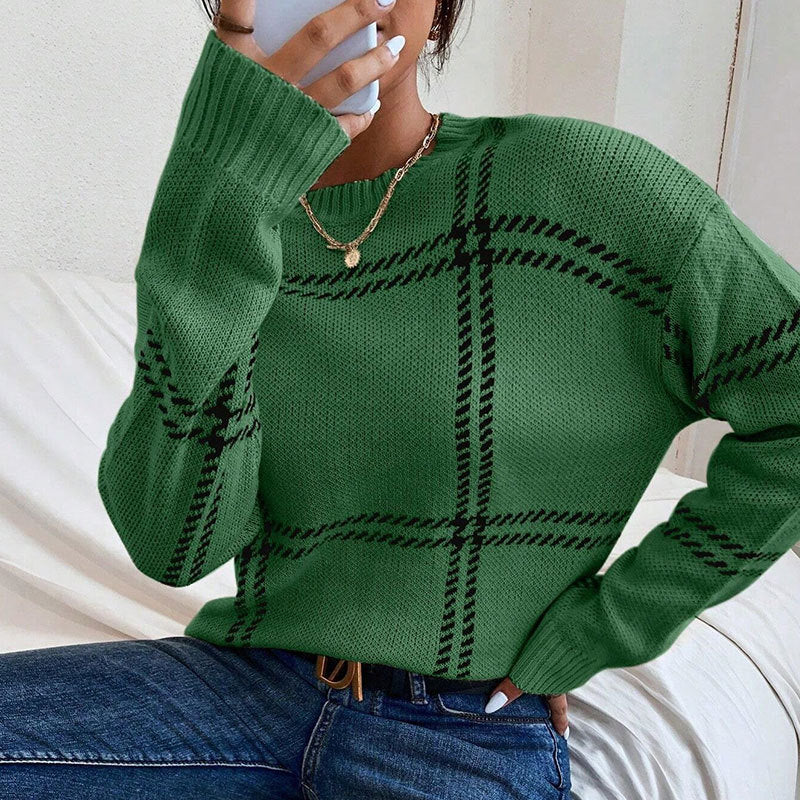 Women's Casual Plaid Color-block Crew Neck Sweater