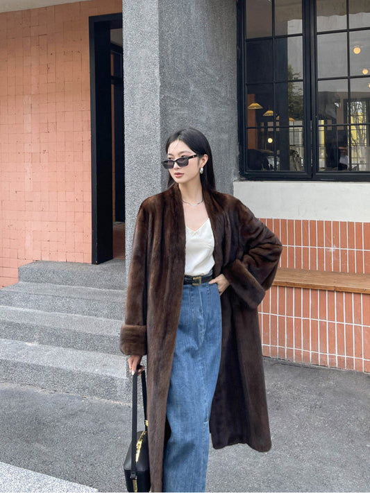 Vintage Mink Coat Caramel Color V-neck Elongated Style Women's