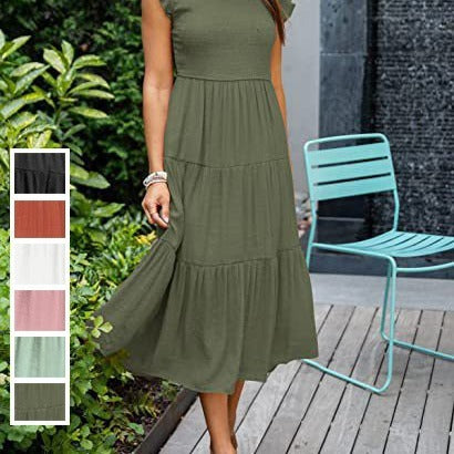 Bohemian Chiffon Midi Dress - Elegant A-Line Short Sleeve Summer Dress for Women | Available in 6 Colors