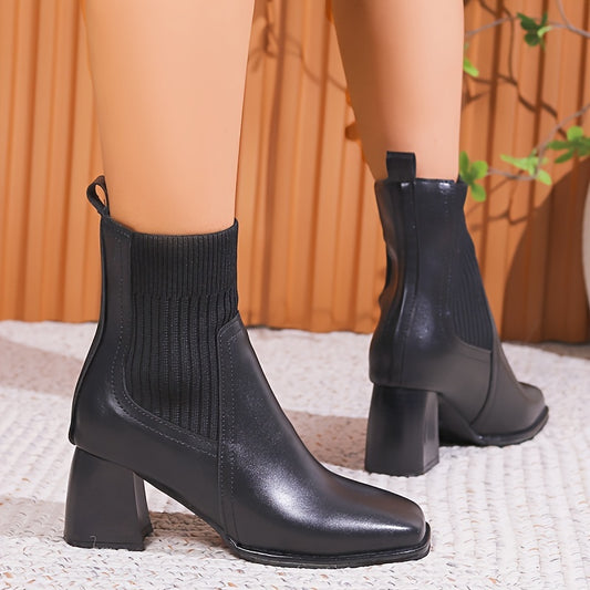 Women's Square Toe Mid-Calf Boots - Chunky Heel Slip-On Comfort Boots