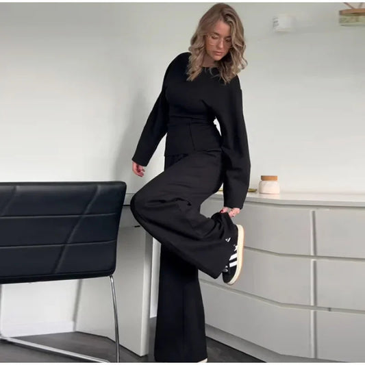 Fashion Long Sleeve O-neck Pleated Top Wide Leg Pants Women's Suit