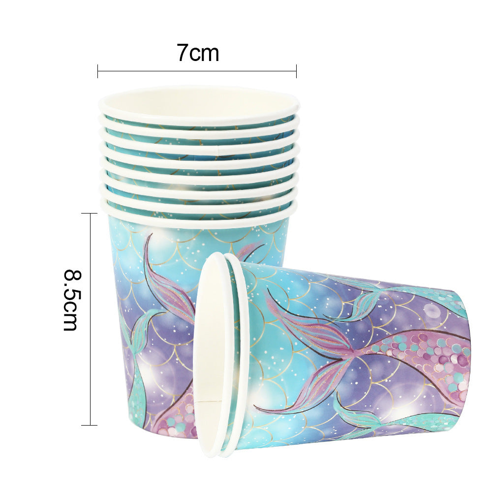 Mermaid Tail Theme Happy Birthday Paper Pallet Disposable Party Round Paper Pallet Suit Disposable Paper Cup