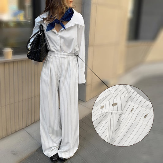 Commuting Loose Casual White Striped Wide-leg Pants